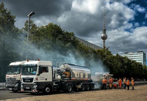 Road Construction Crew in Urban Area