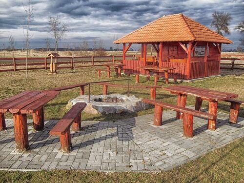 Rustic Outdoor Fire Pit with Picnic Benches