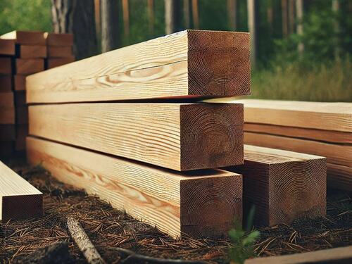 Long Pine Wood Cants Stacked in a Forest Setting