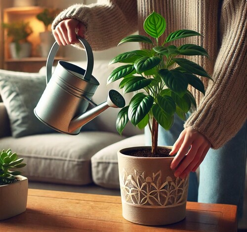 Watering Indoor Plant in Cozy Living Room