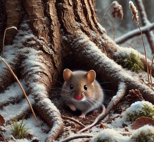 Mouse in Winter at Tree Base