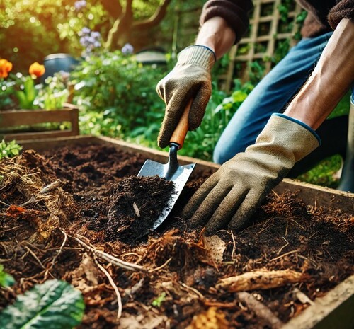 Gardener Mixing Compost Into Garden Soil