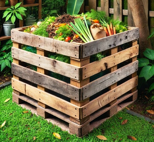 Recycled Wooden Pallet Compost Bin in Backyard