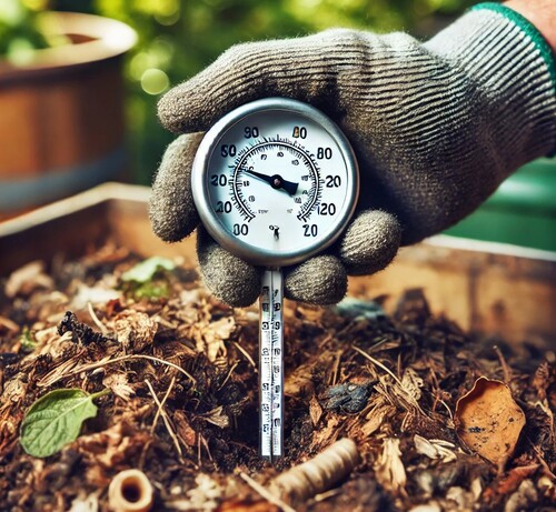 Gardener Checking Compost Pile with Thermometer