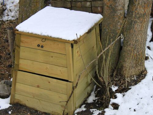 Wooden Winter Compost Bin in Backyard