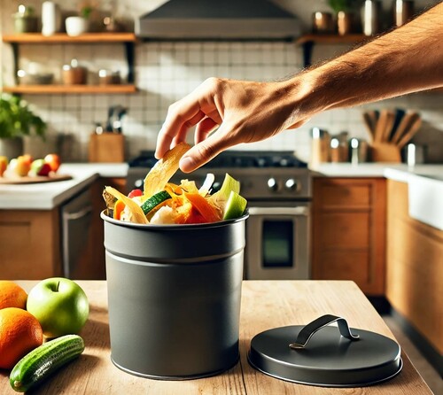 Adding Food Scraps to Kitchen Compost Bucket