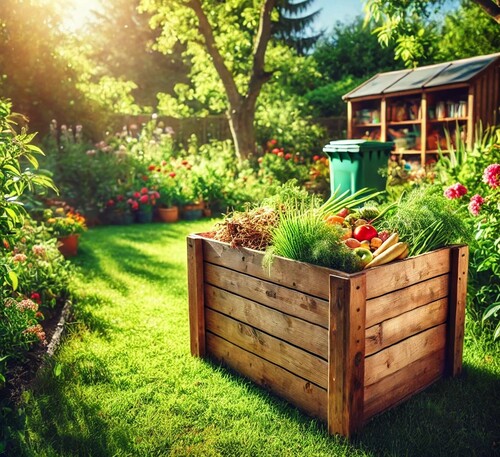 Wooden Backyard Compost Bin in Summer Garden