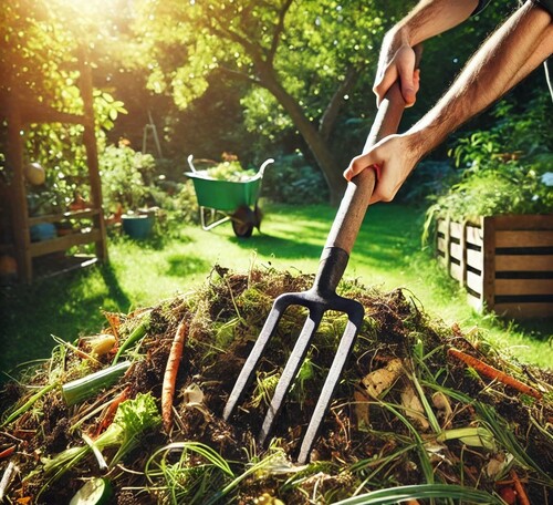 Turning Compost with a Pitchfork in a Backyard Garden