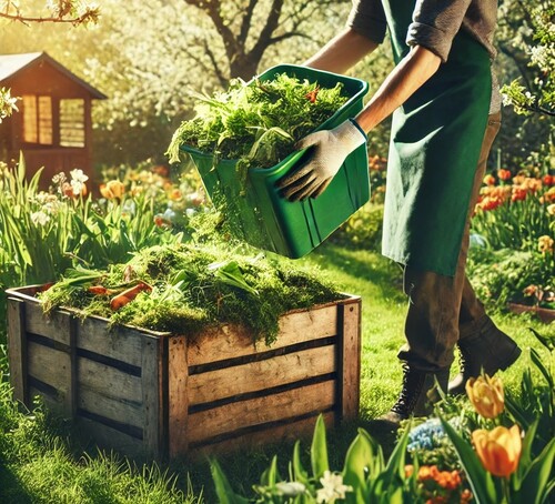 Gardener Adding Green Materials to Spring Compost Bin