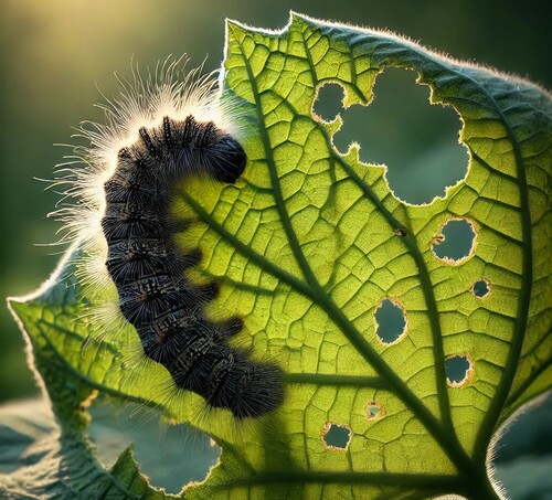 Tent Caterpillar Eating Large Leaf in Sunlight