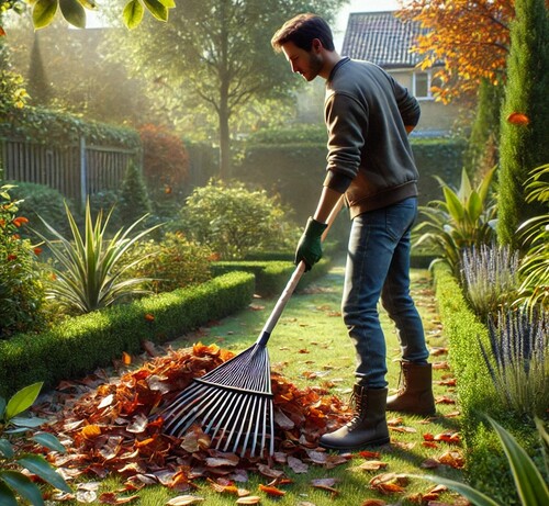 Gardener Raking Autumn Leaves in a Well-Kept Yard