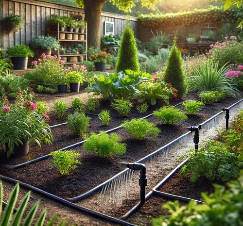 Backyard with Drip Irrigation System for Watering