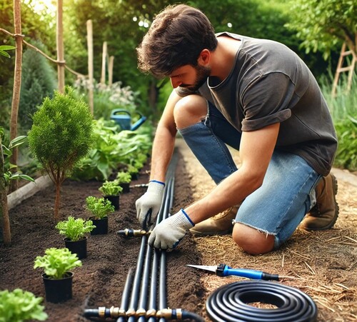 Worker Installing Drip Irrigation for Garden Plants