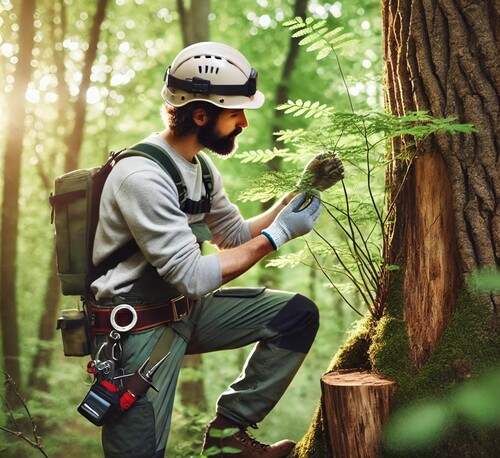 Arborist Inspecting Tree Health in Forest