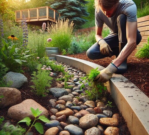 Pulling Weeds Around a Backyard Rain Garden