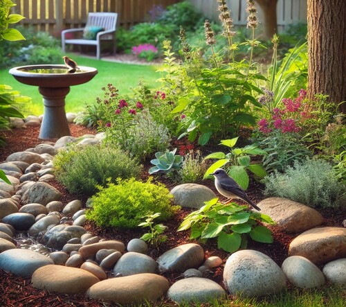 Small Rain Garden with Bird Bath in Backyard