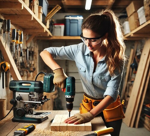 Woman Safely Using Power Drill in Garage