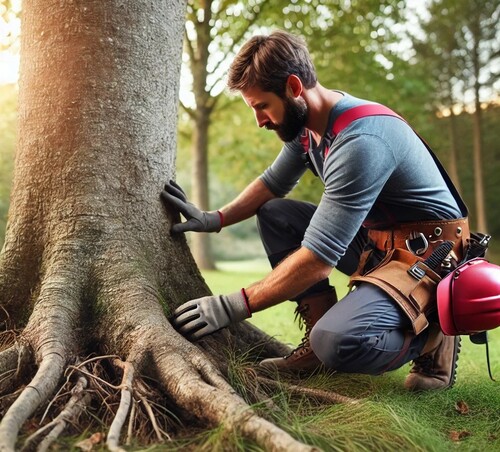 Arborist Inspecting Tree Base for Health