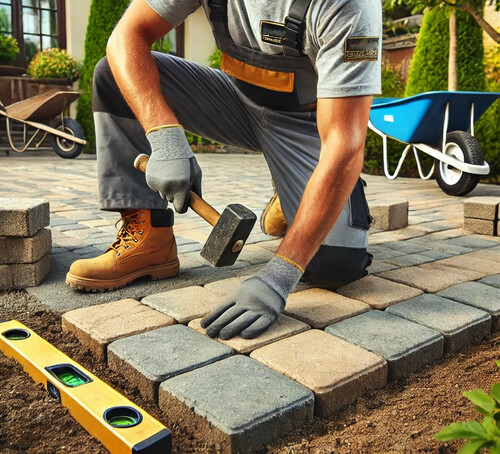 Professional Landscaper Installing Patio Pavers