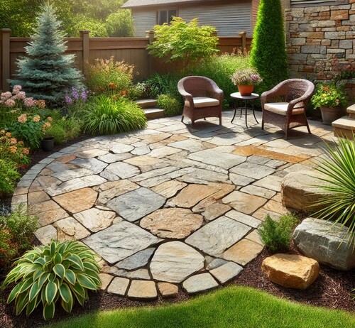 Beautiful Flagstone Patio in Backyard Design