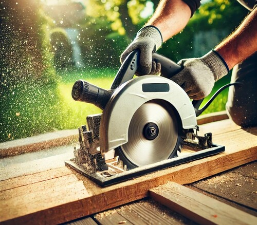 Circular Saw Cutting Wood Outdoors Close-Up