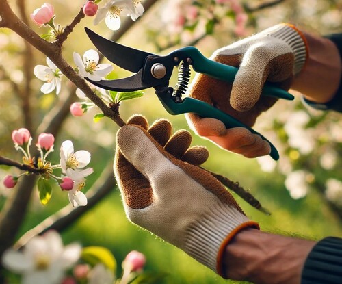 Gardener Pruning a Flowering Tree Close-Up