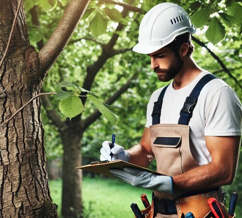 Arborist Inspecting Tree for Health Assessment