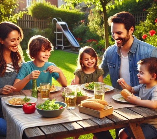 Family Enjoying Backyard Picnic in the Sunshine