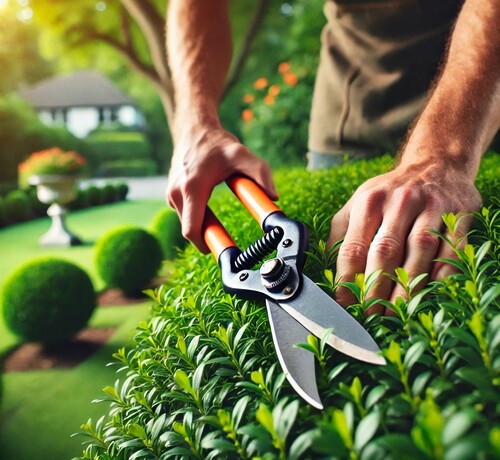 Landscaper Shearing Bush with Professional Tools