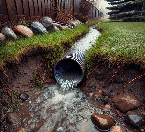 Storm Runoff from Small Drainage Pipe in Backyard