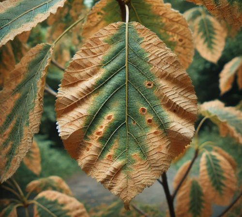 Stressed Tree Leaves with Yellowing and Brown Spots