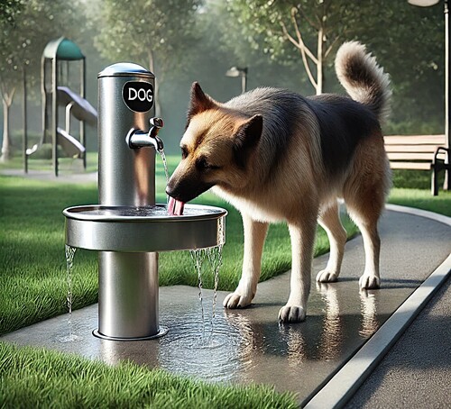 Dog Hydrating at a Park Fountain