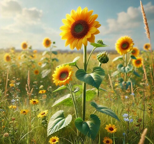 Sunflowers Blooming in a Lush Grassy Field