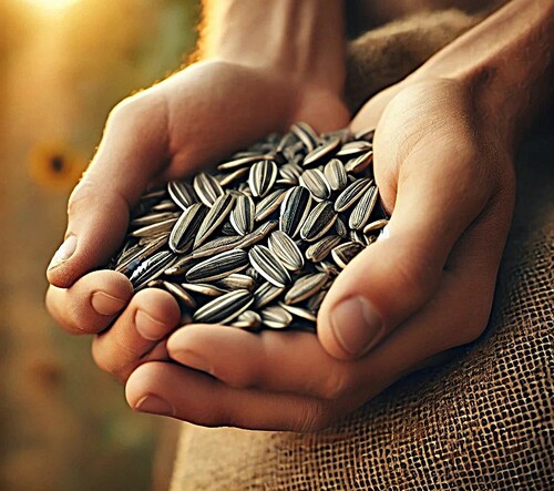 Handful of Fresh Sunflower Seeds in Open Hands