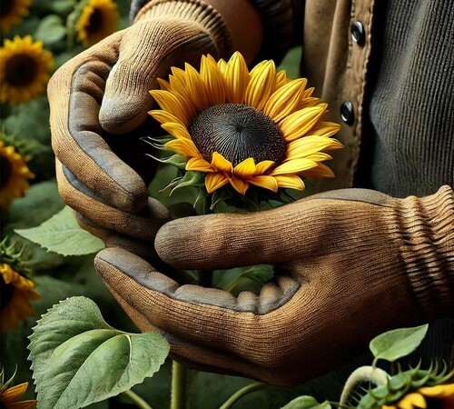 Gardener's Hands Tending to Sunflower Carefully