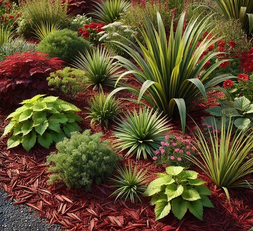 Red Mulch Garden Bed with Lush Plants | Arborist Now