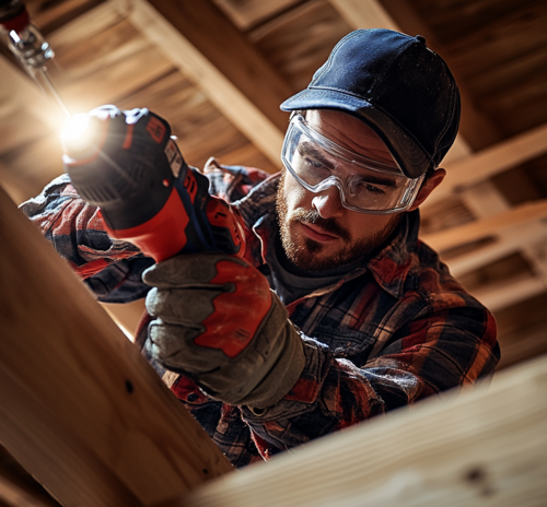 Focused Craftsman Using Power Drill Safely