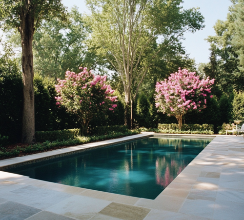 Elegant Poolside with Flowering Trees