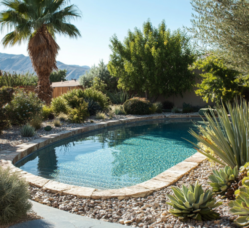 Desert Oasis Pool with Drought-Tolerant Plants