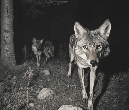 Coyotes Captured on Wildlife Camera at Night