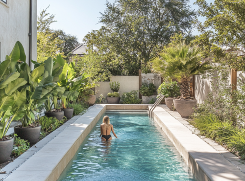 Modern Backyard Pool with Tropical Plants