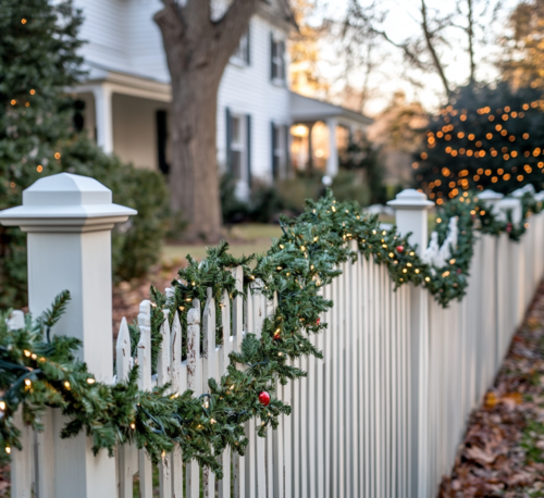 Festive Garland on a White Picket Fence