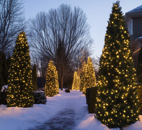 Winter Landscape with Lit Evergreen Trees