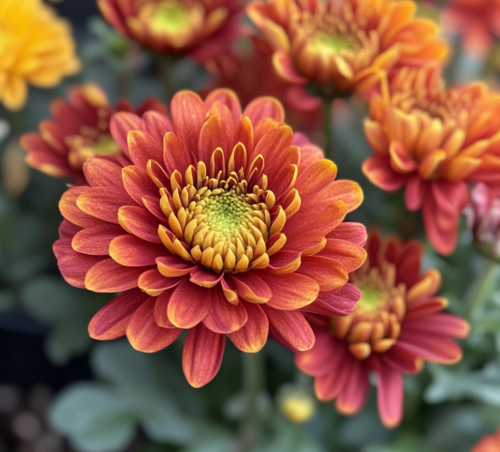 Radiant Red and Gold Mums in Bloom"