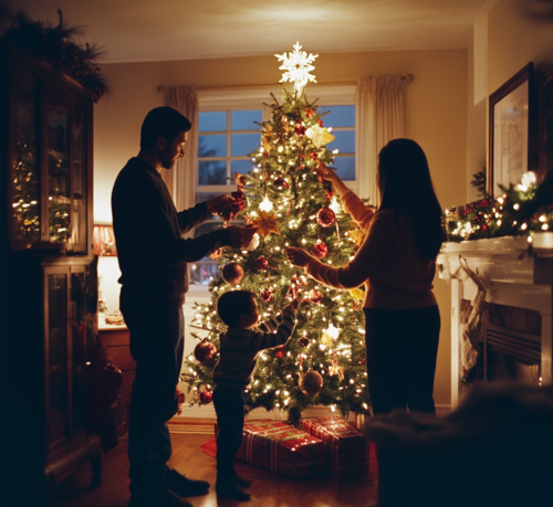 Family Decorating Their Christmas Tree