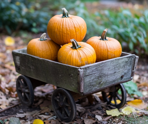 Pumpkins in a Rustic Garden Wagon