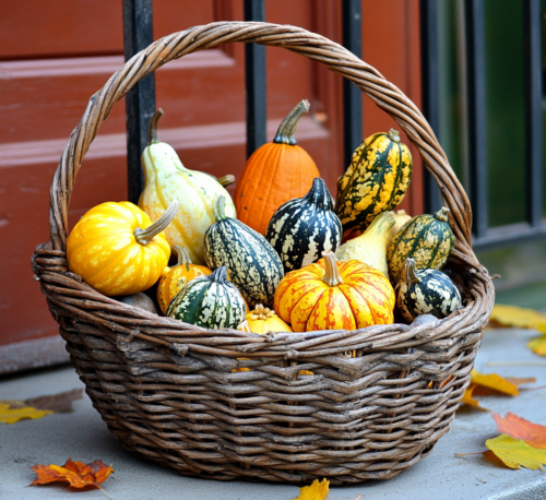 Basket of Colorful Gourds for Fall