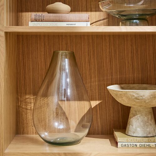 Elegant Glass Vase on Wooden Shelf