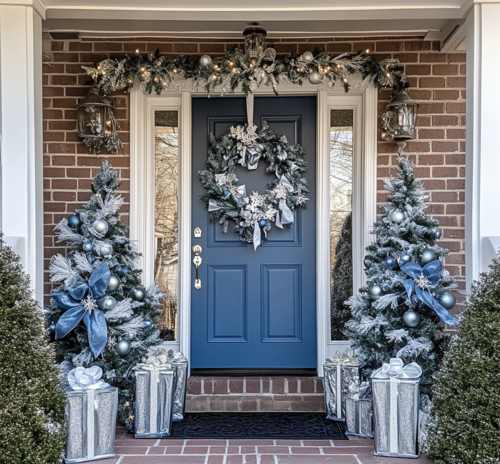 Festive Blue and Silver Holiday Porch Decor