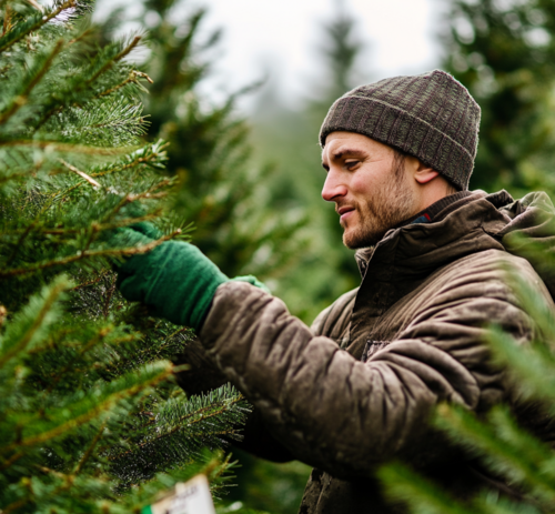 Christmas Tree Farm Worker Inspecting Trees